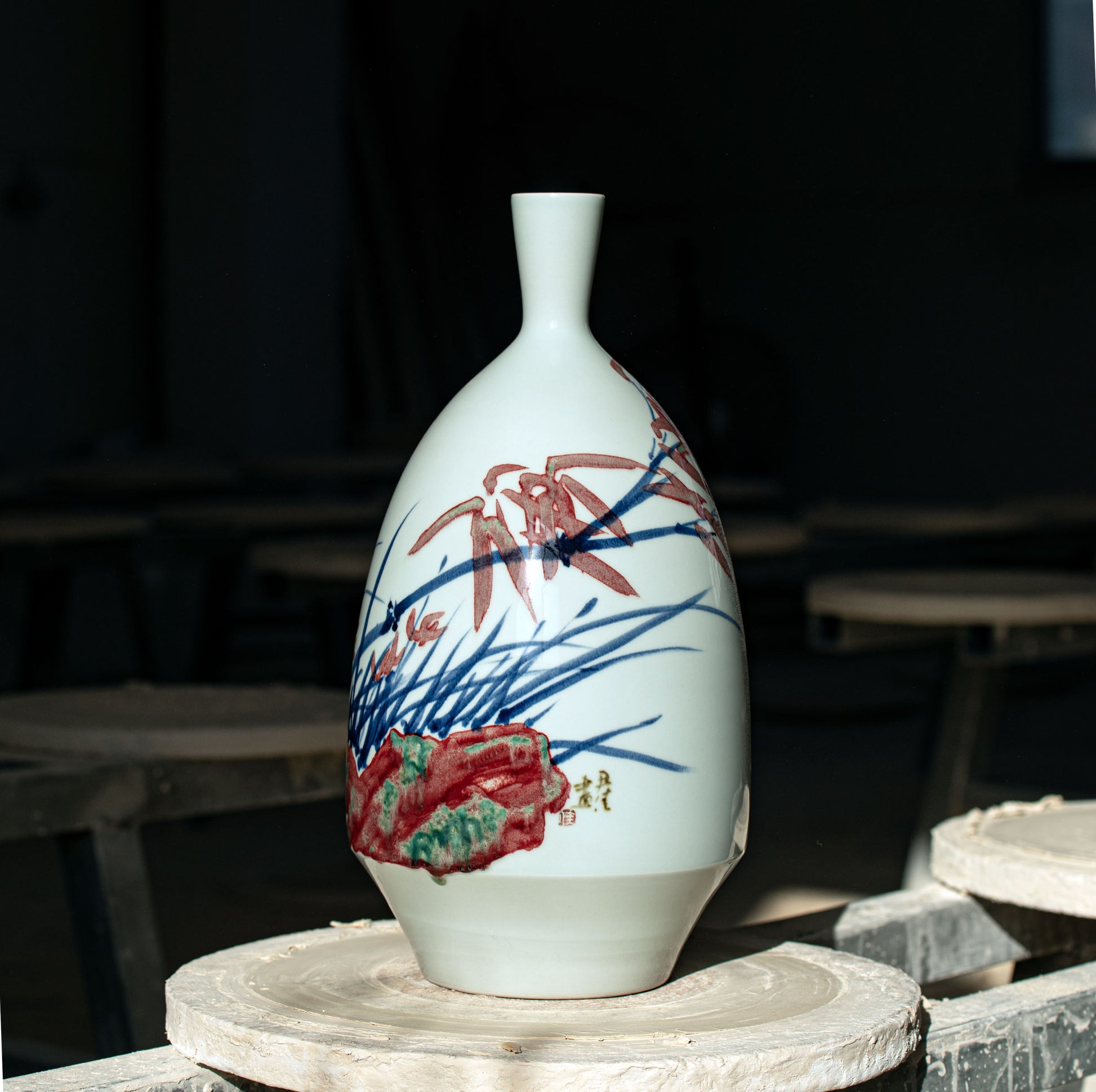  bamboo, orchid and stone motif painted vase